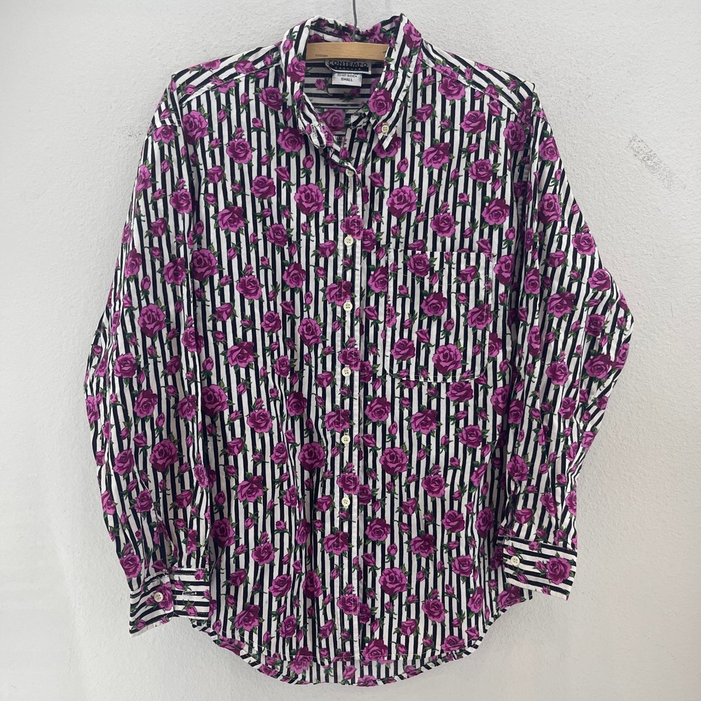 Vintage 90s Contempo Casuals Floral Stripe Button Down Made USA Pink Roses Small